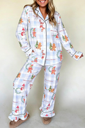 Sky Blue Plaid Cartoon Christmas Pattern Shirt Top 2pcs Pajama Set
