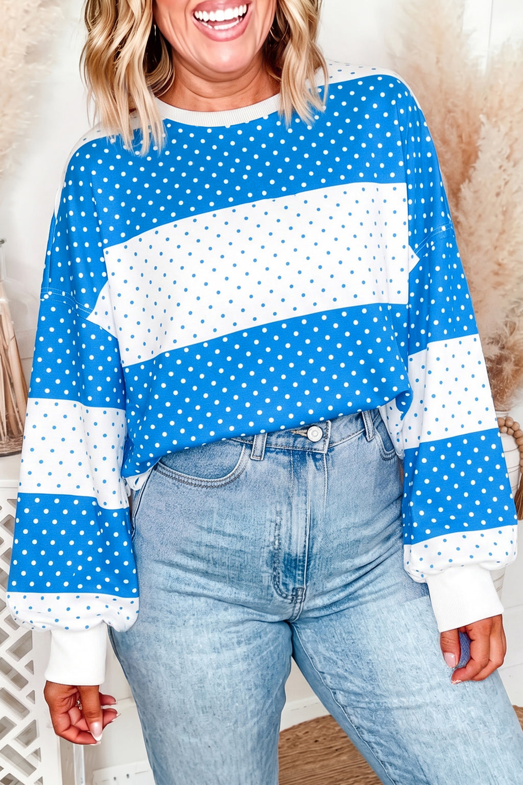 Blue Polka Dot Color Block Drop Shoulder Plus Size Long Sleeve Top