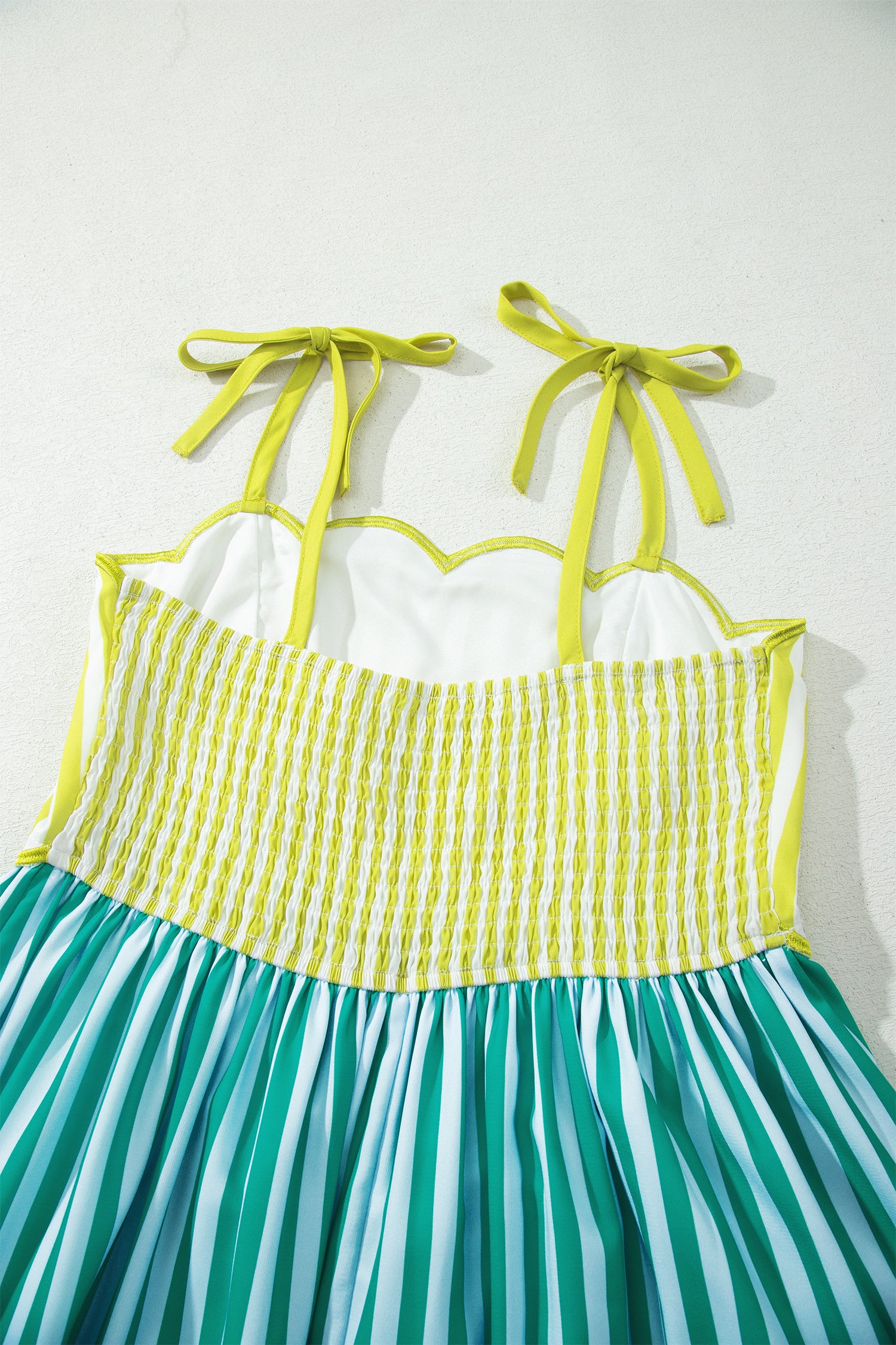 Green Stripe Scalloped Contrast Patchwork Knot Strap Midi Dress