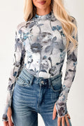 Sky Blue Floral Mesh High Neck Long Sleeve Sheath Top