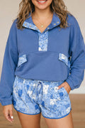Blue Floral Patchwork V-Neck Long Sleeve Short Bottoms Plus Size Set