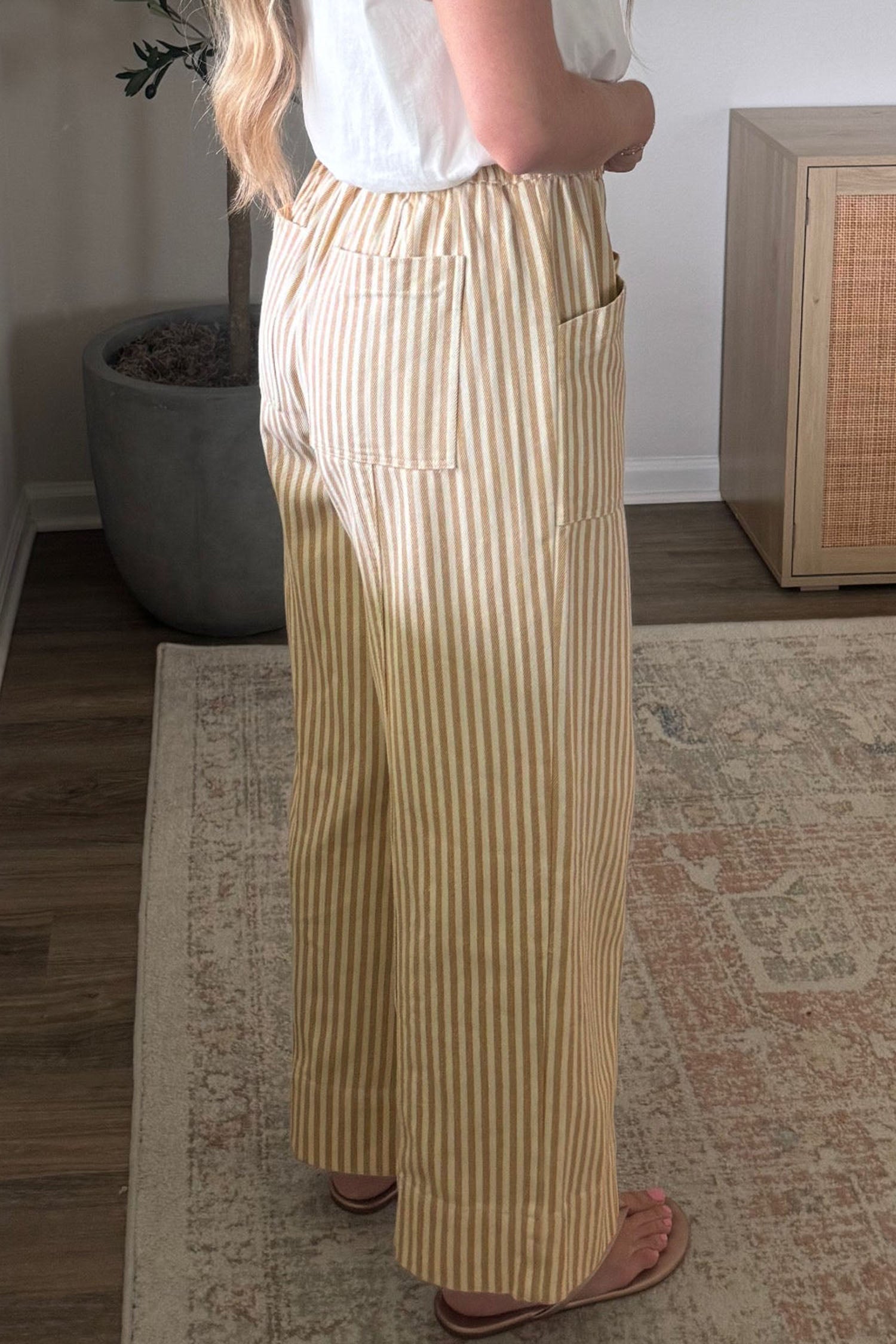 Apricot Stripe Ribbon Drawstring Waist Full-Length Shift Pant