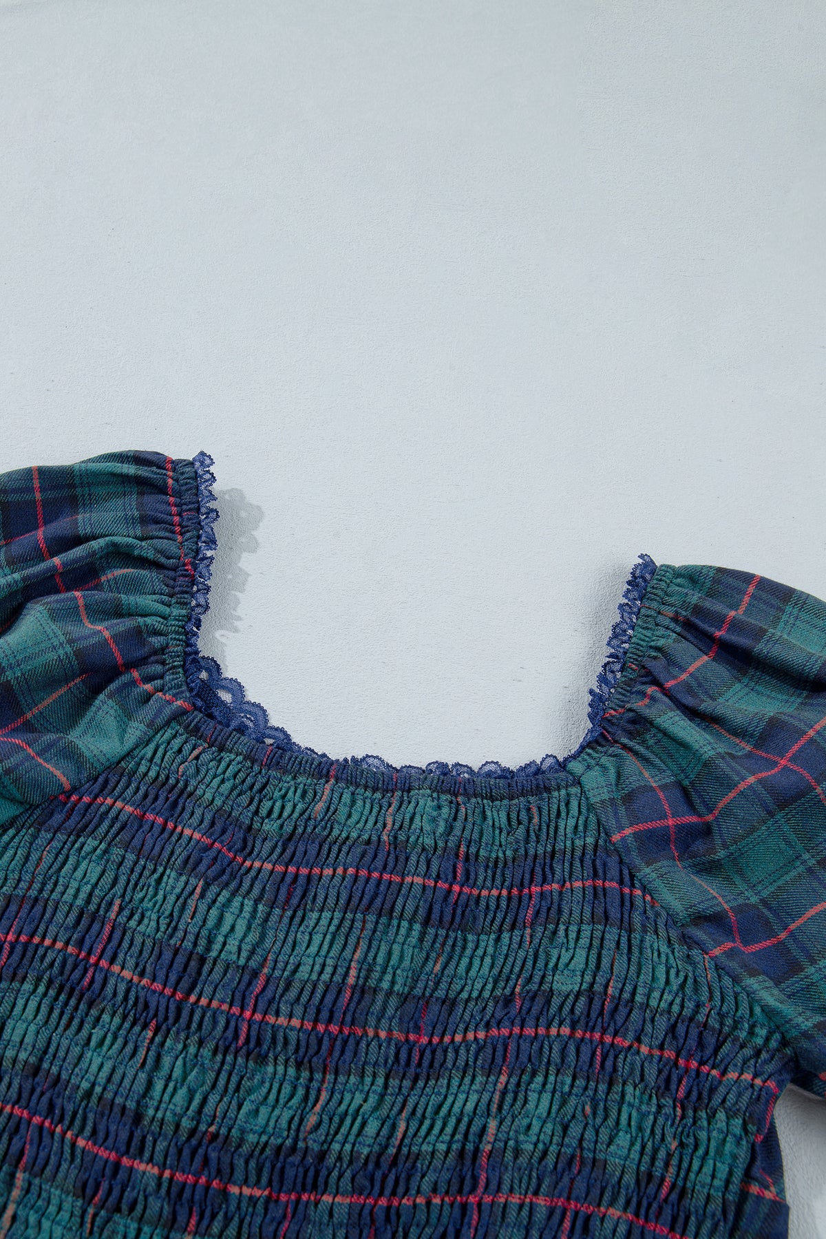 Green Vintage Plaid Square Neck Lace Trim Long Sleeve Shift Dress