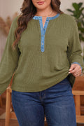 Four Leaf Clover Ribbed Knit Denim Accents V Neck Long Sleeve Oversized Fit Plus Size Blouse
