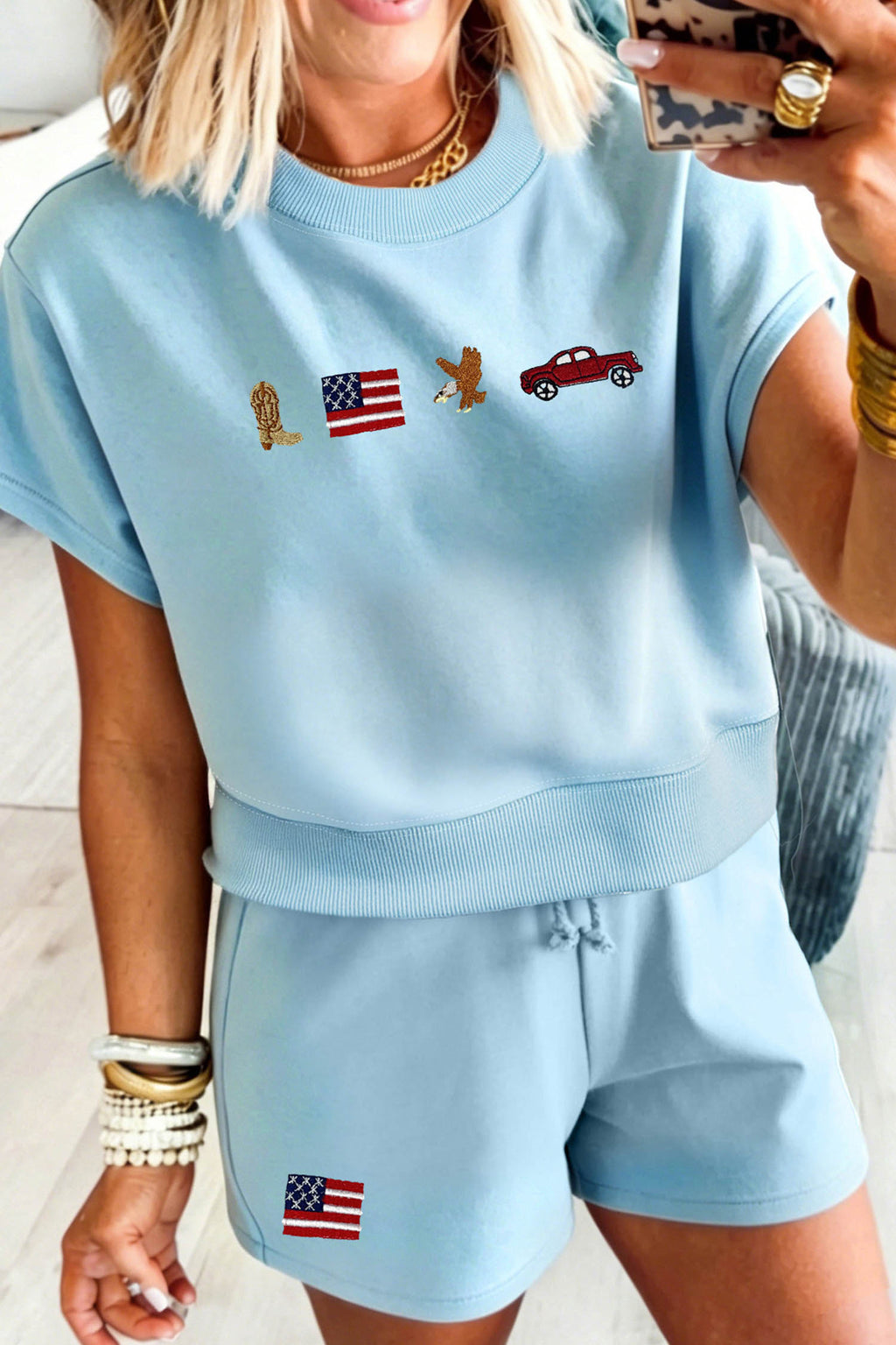 Mist Blue Western Patriotic Embroidered Flag Pattern Casual Two Piece Set