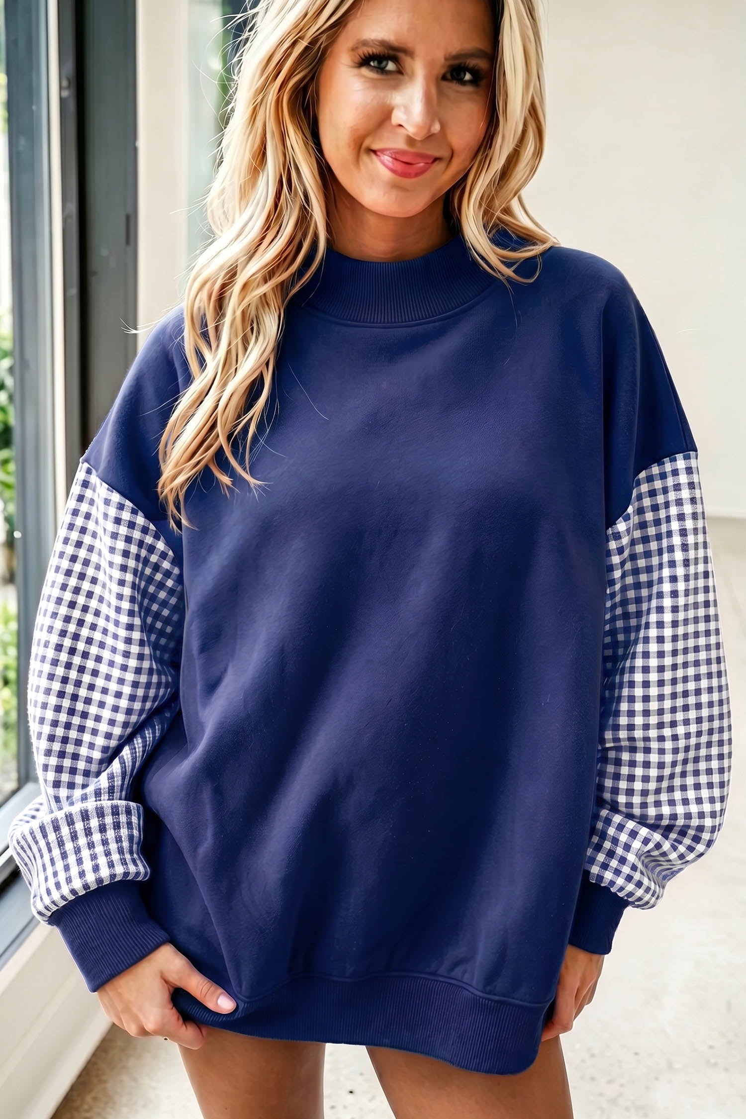 Dirty blue Plaid Sleeve Colorblock Loose Tunic Sweatshirt