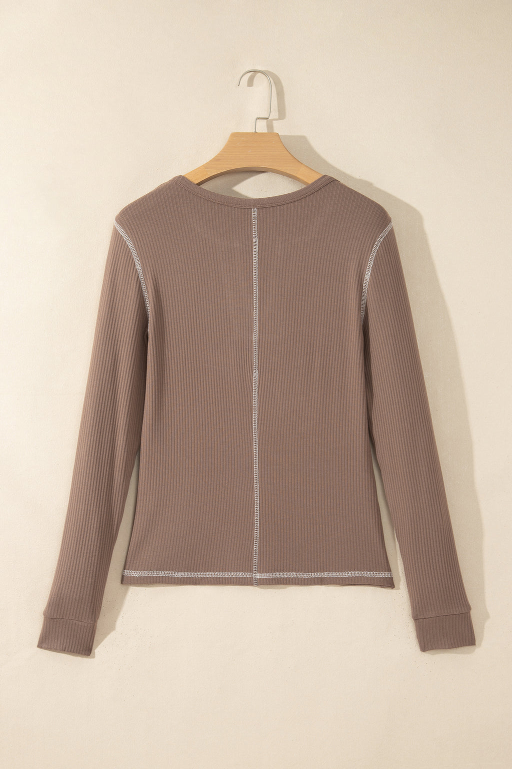 Dark Khaki V Neck Ribbed Stitched Detail Long Sleeve Top