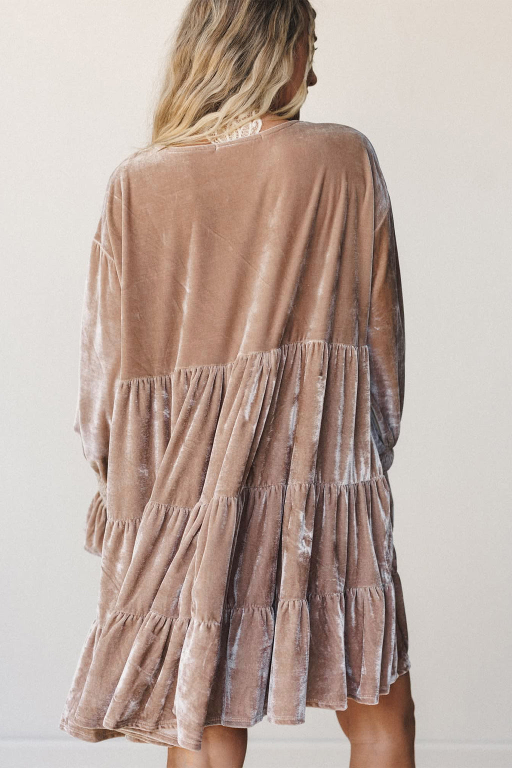 Smoke Gray Solid Color V Neck Velvet Tiered Long Sleeve Dress