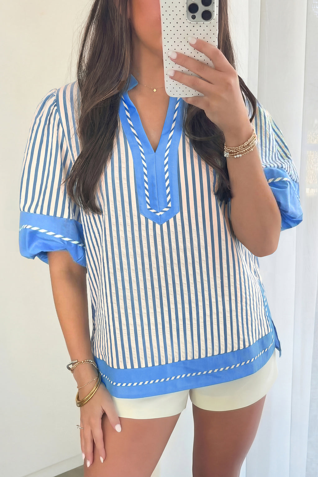 Sky Blue Stripe Color Block Detail V Neck Short Sleeve Blouse