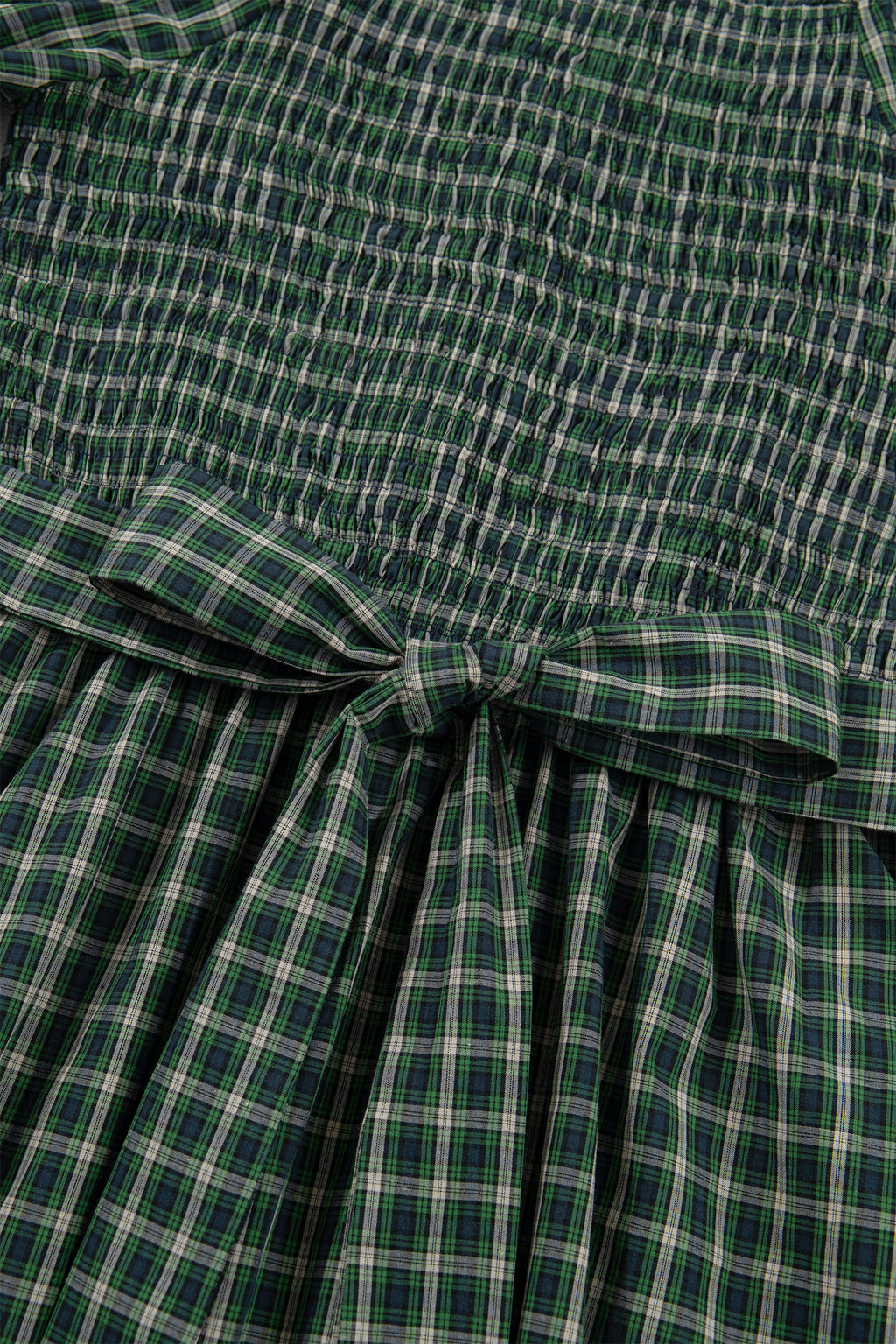 Green Plaid Square Neck Shirred High Waist Ruffle Hem Dress
