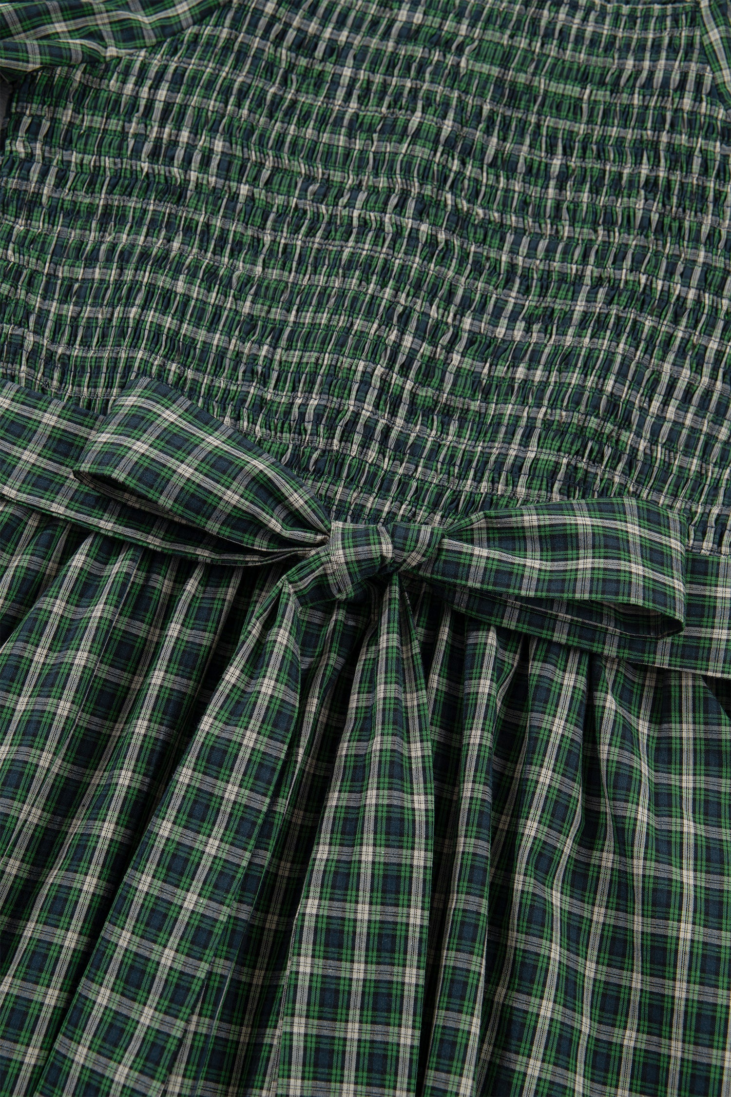 Green Plaid Square Neck Shirred High Waist Ruffle Hem Dress