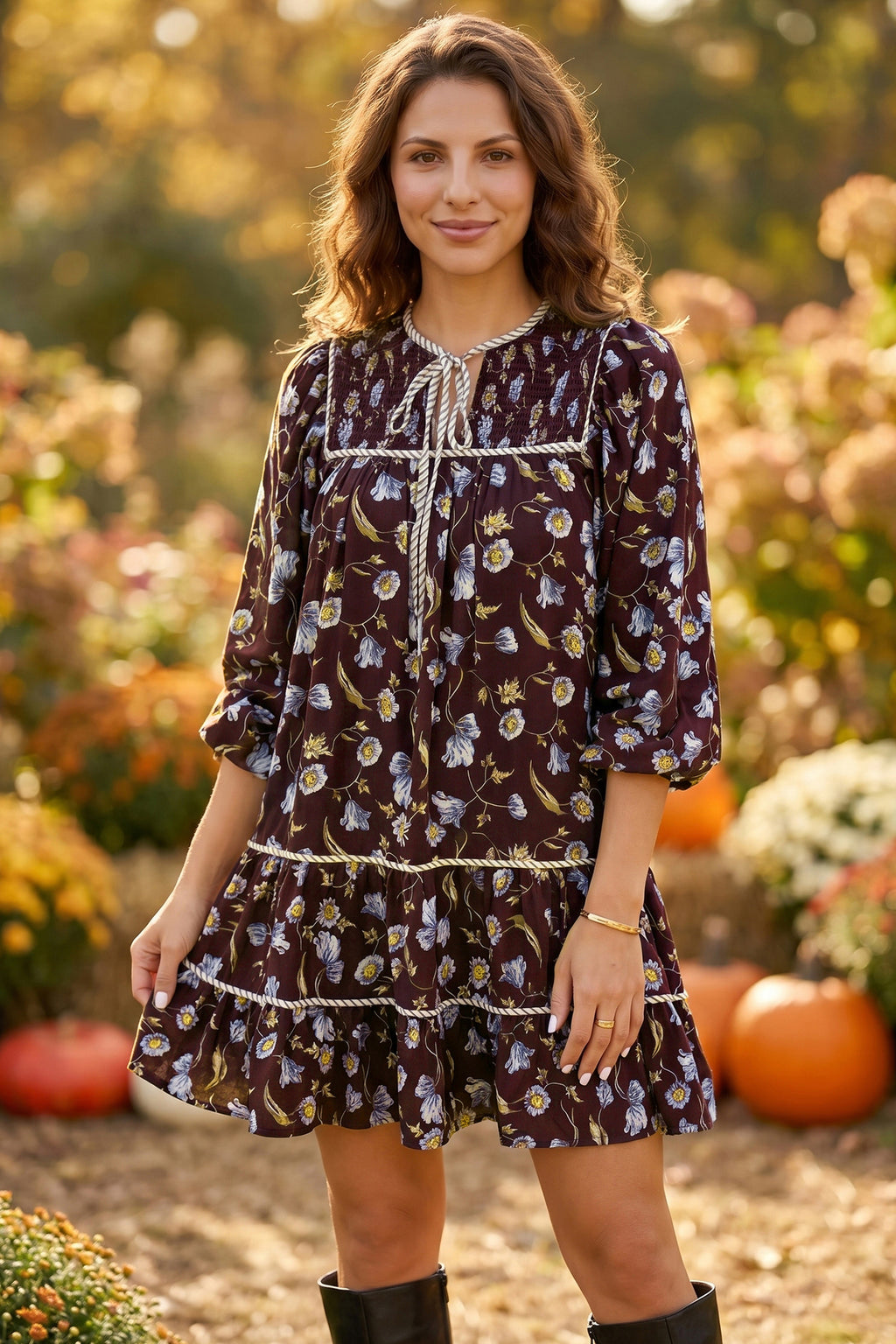 Brown Floral Print Shirred V Neck Shift Dress