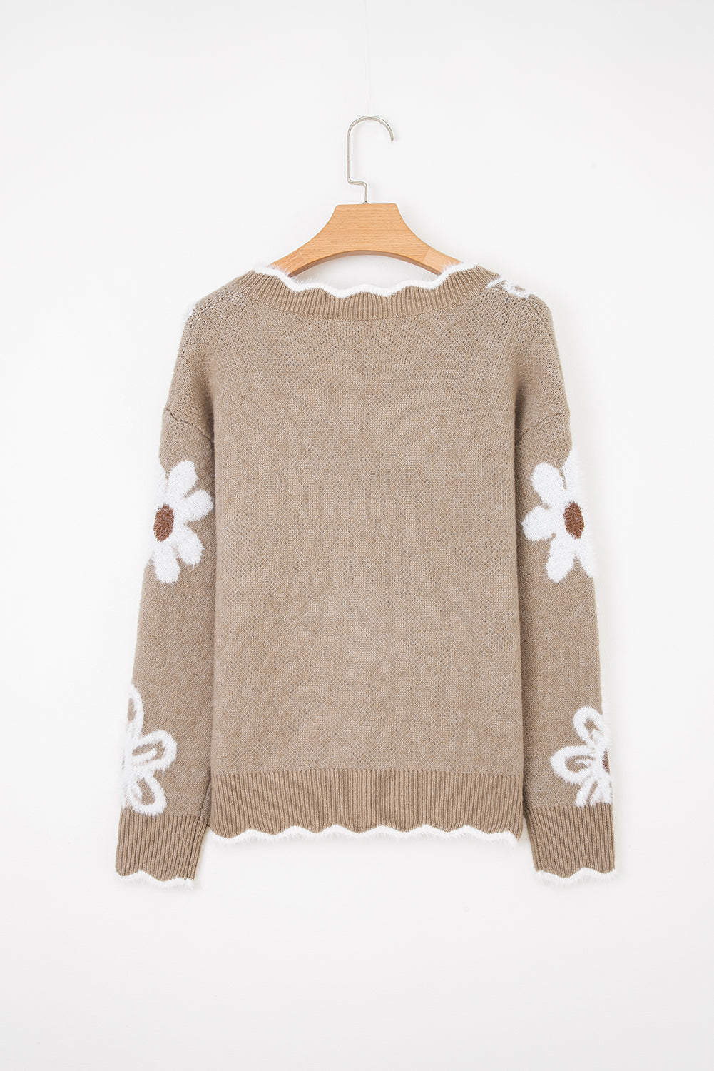 Smoke Gray Plush Flower Pattern Scalloped Trim V Neck Sweater