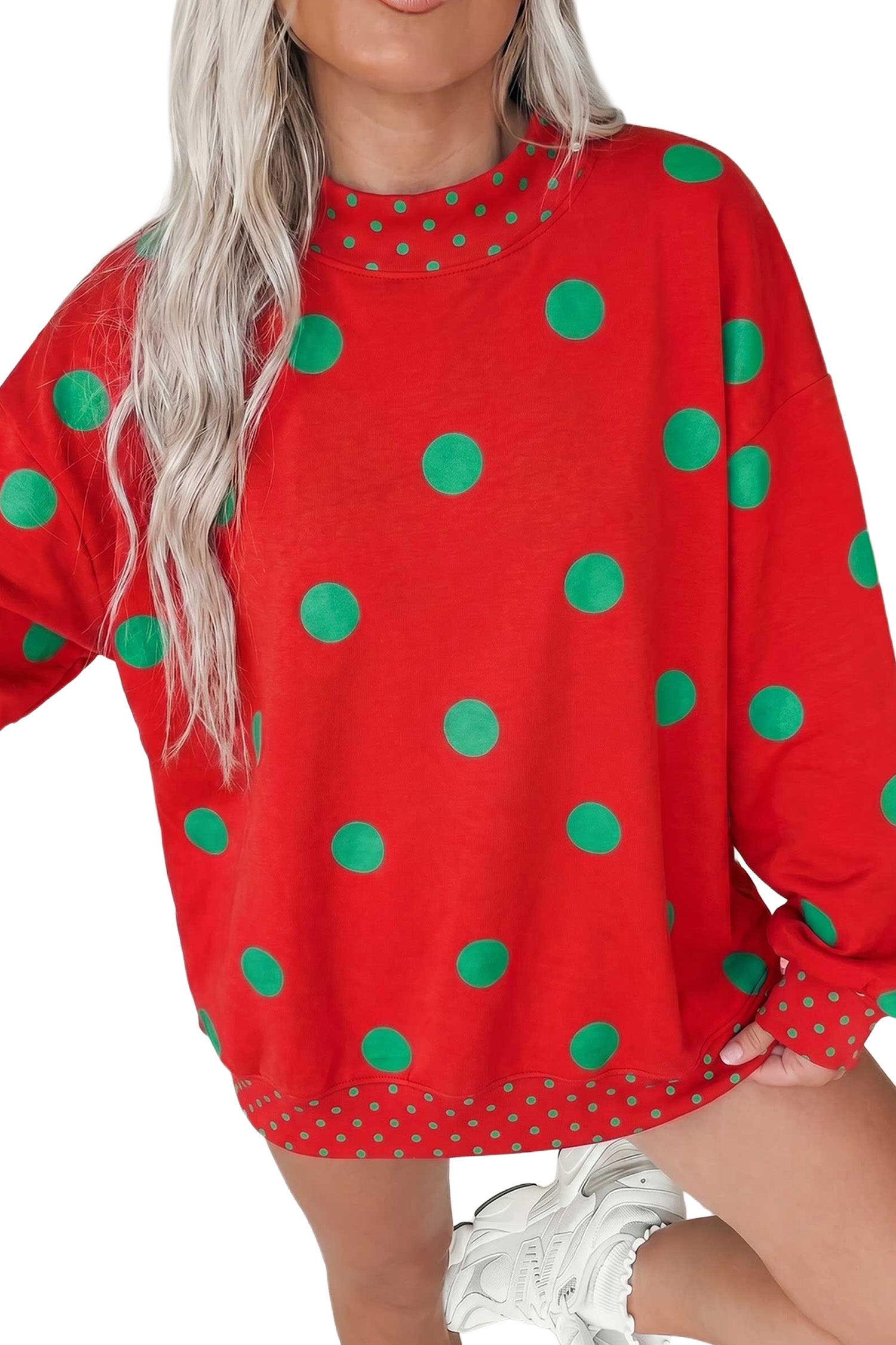 Pink Polka Dot Print Contrast Detail Oversized Tunic Sweatshirt