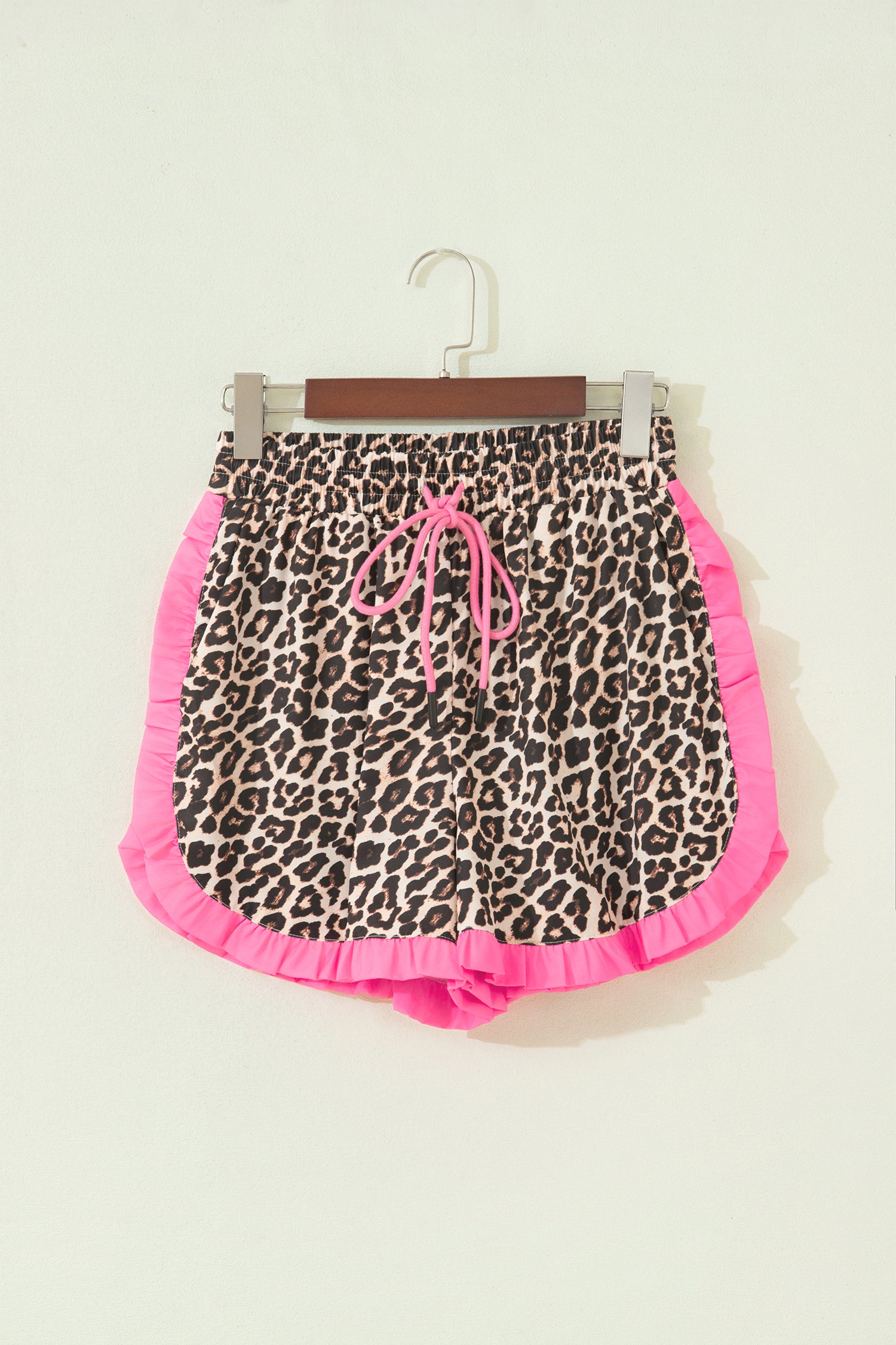 Khaki Leopard Print Contrast Ruffle Trim Shorts