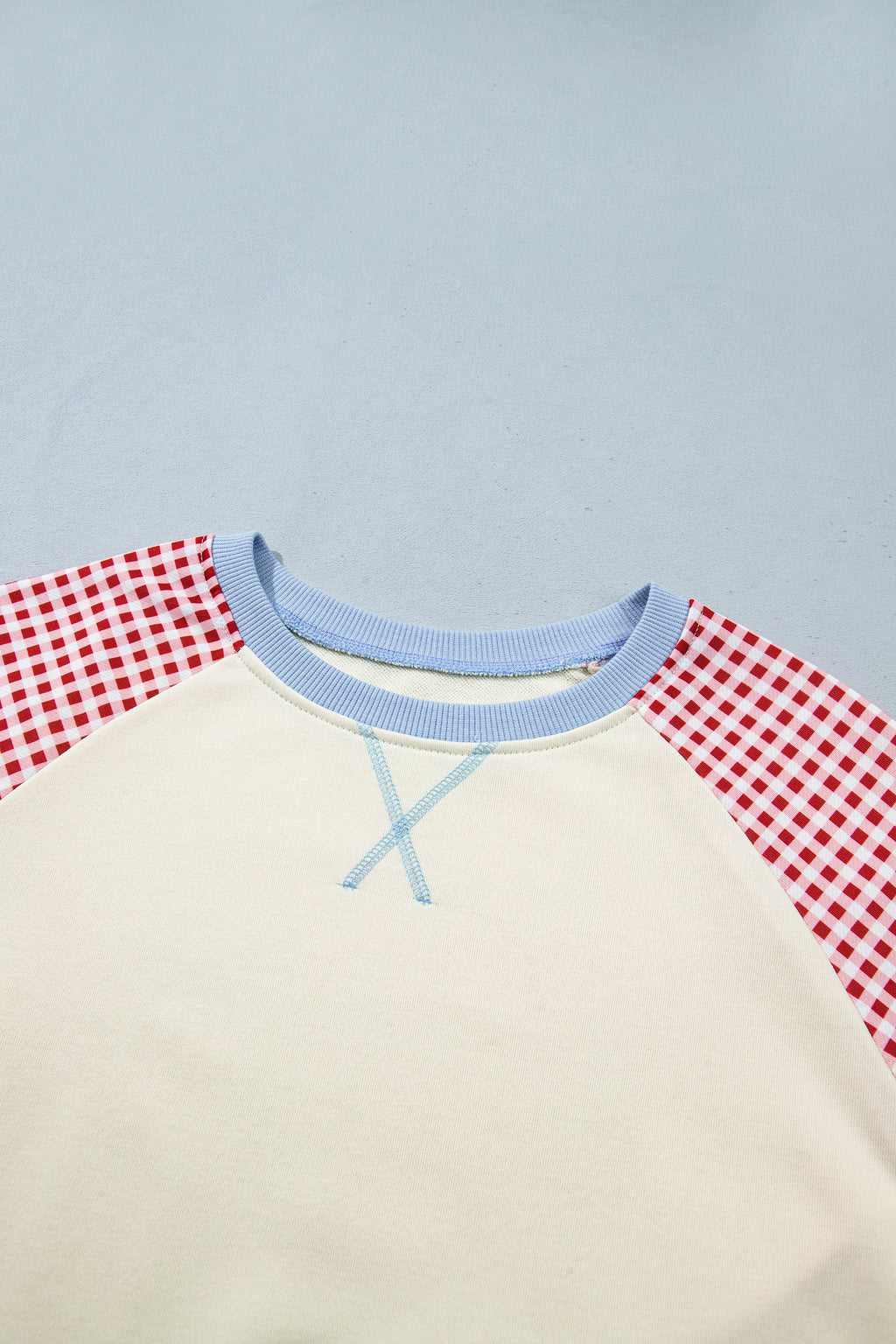 Light Blue Plaid Sleeve Colorblock Raglan Pullover Sweatshirt