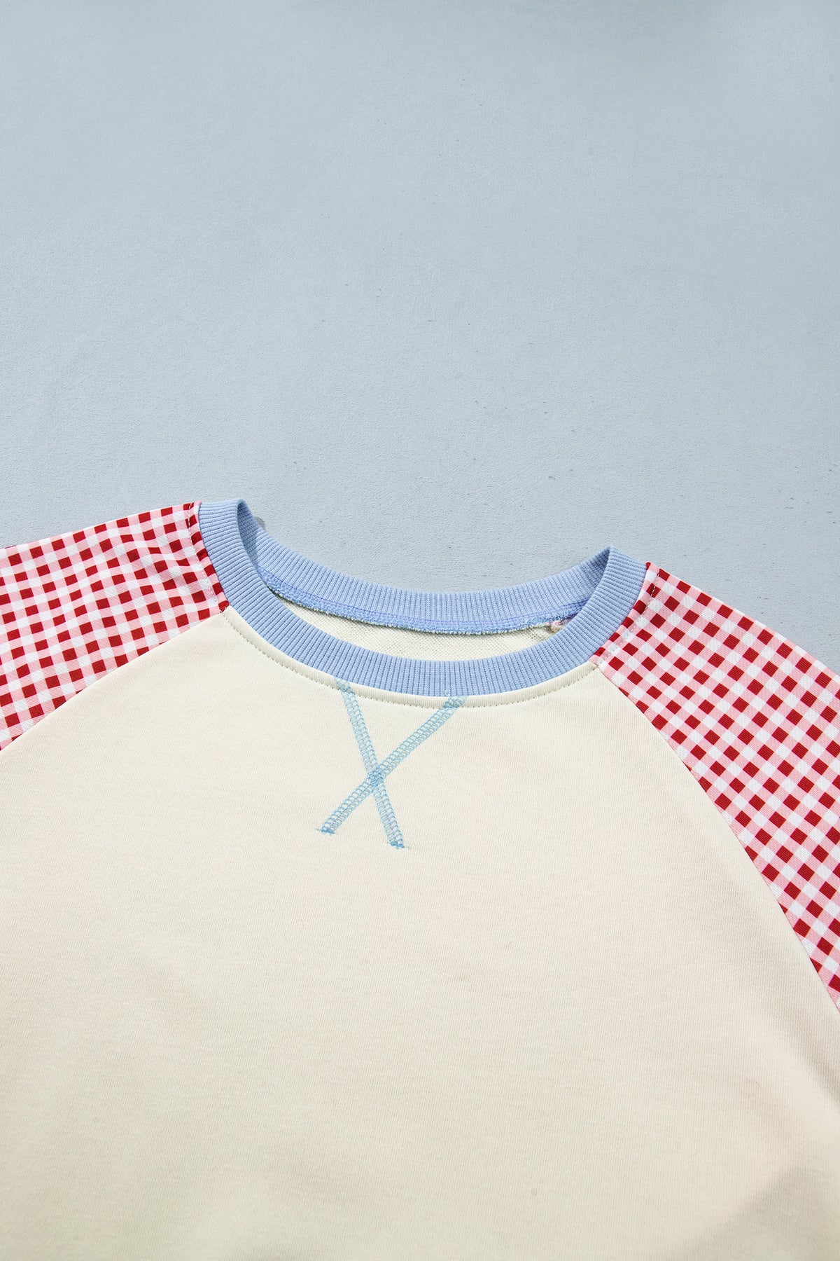 Light Blue Plaid Sleeve Colorblock Raglan Pullover Sweatshirt