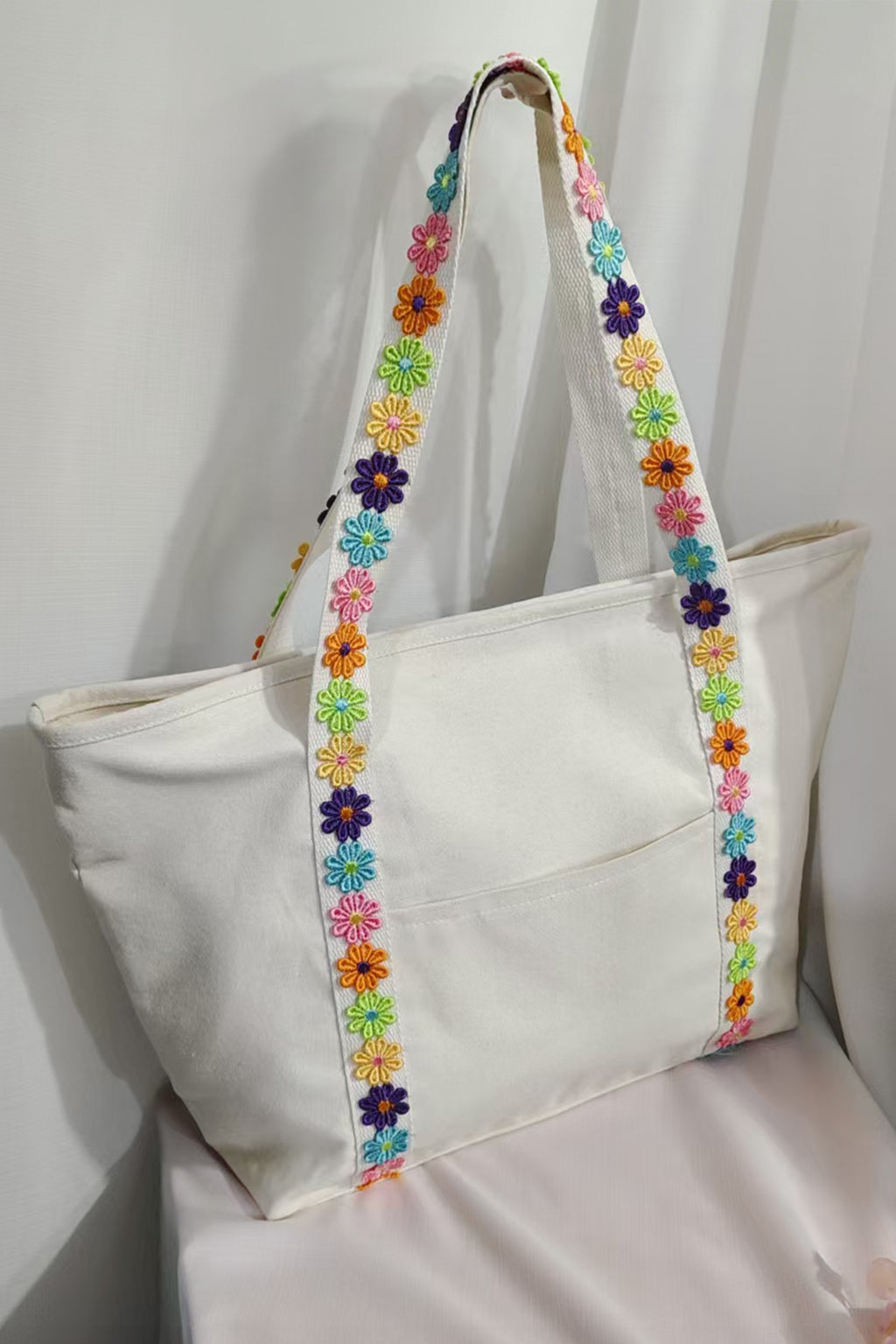 White Canvas Tote Bag with Embroidered Floral Strap Detail