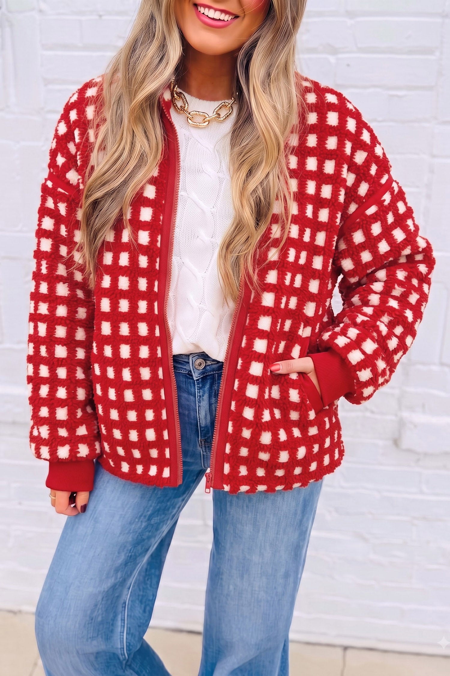 Fiery Red Plaid Zip-up Long Sleeve Jacket
