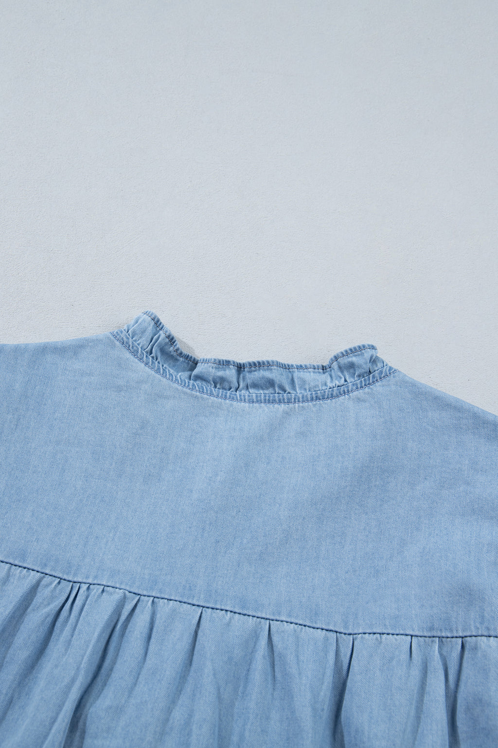 Beau Blue Western Ruffle V Neck Long Sleeve Chambray Blouse