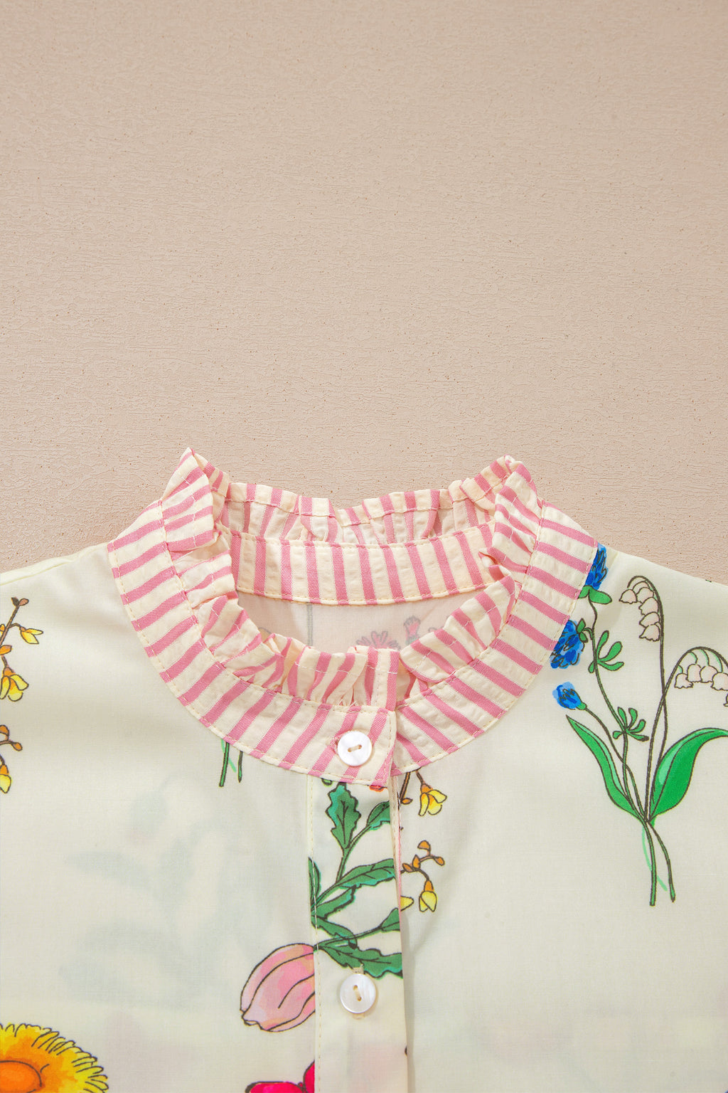 Sky Blue Floral Striped Patchwork Ruffled Collar Short Sleeve Shirt