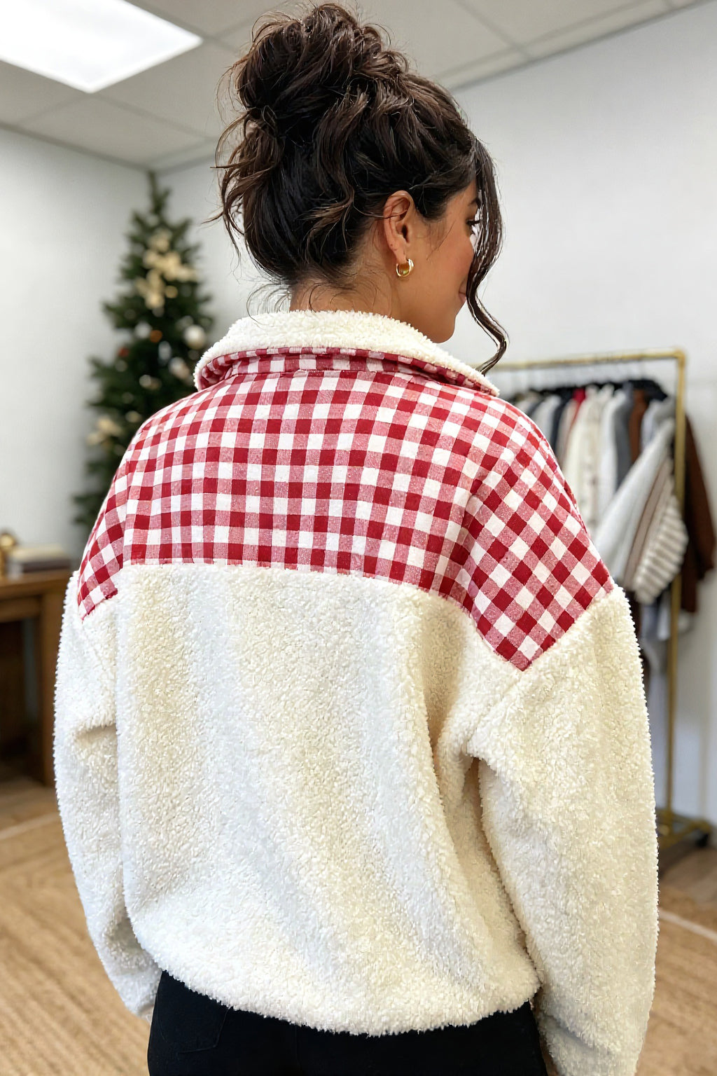 White Plush Plaid Patchwork Merry Christmas Baggy Sweatshirt