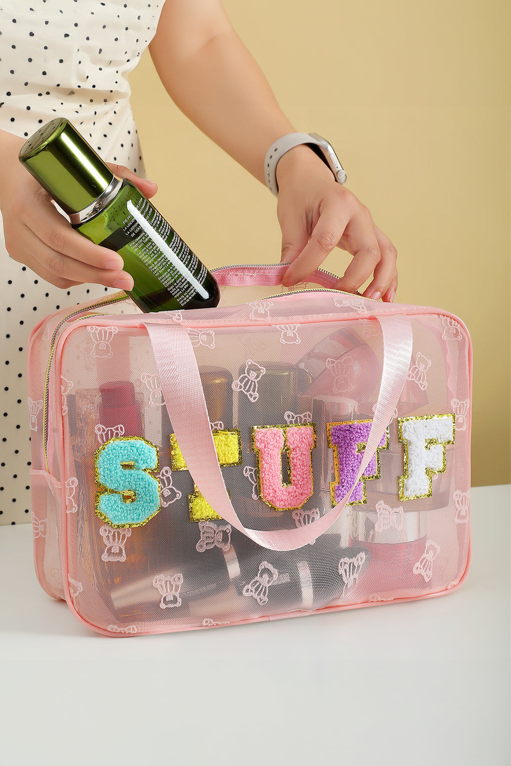 Color black STUFF Chenille Letter Patched Teddy Bear Mesh Lightweight Makeup Bag
