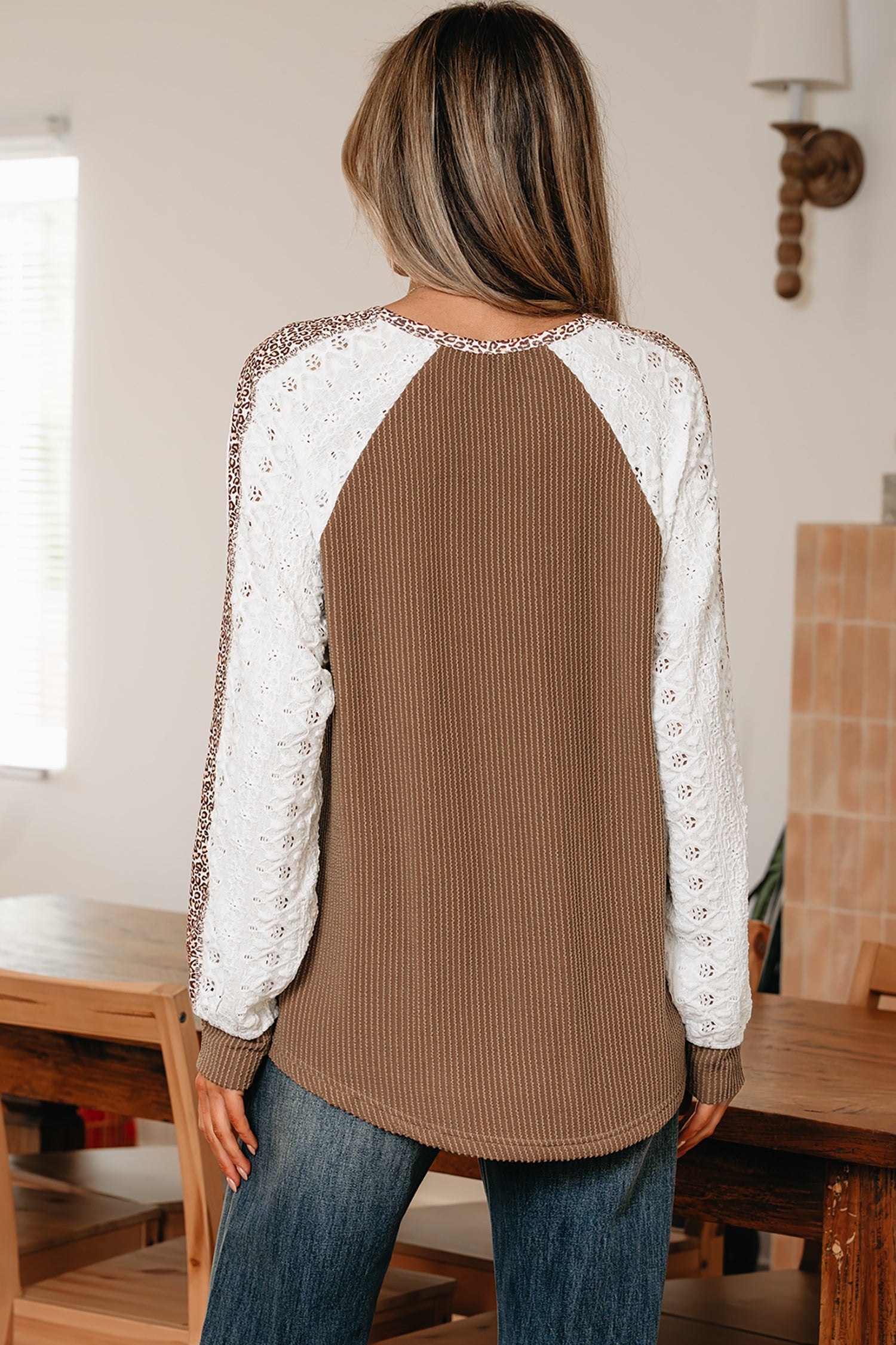 Dark Khaki Twisted Ribbed Leopard Lace Contrast Patchwork Long Sleeve Top