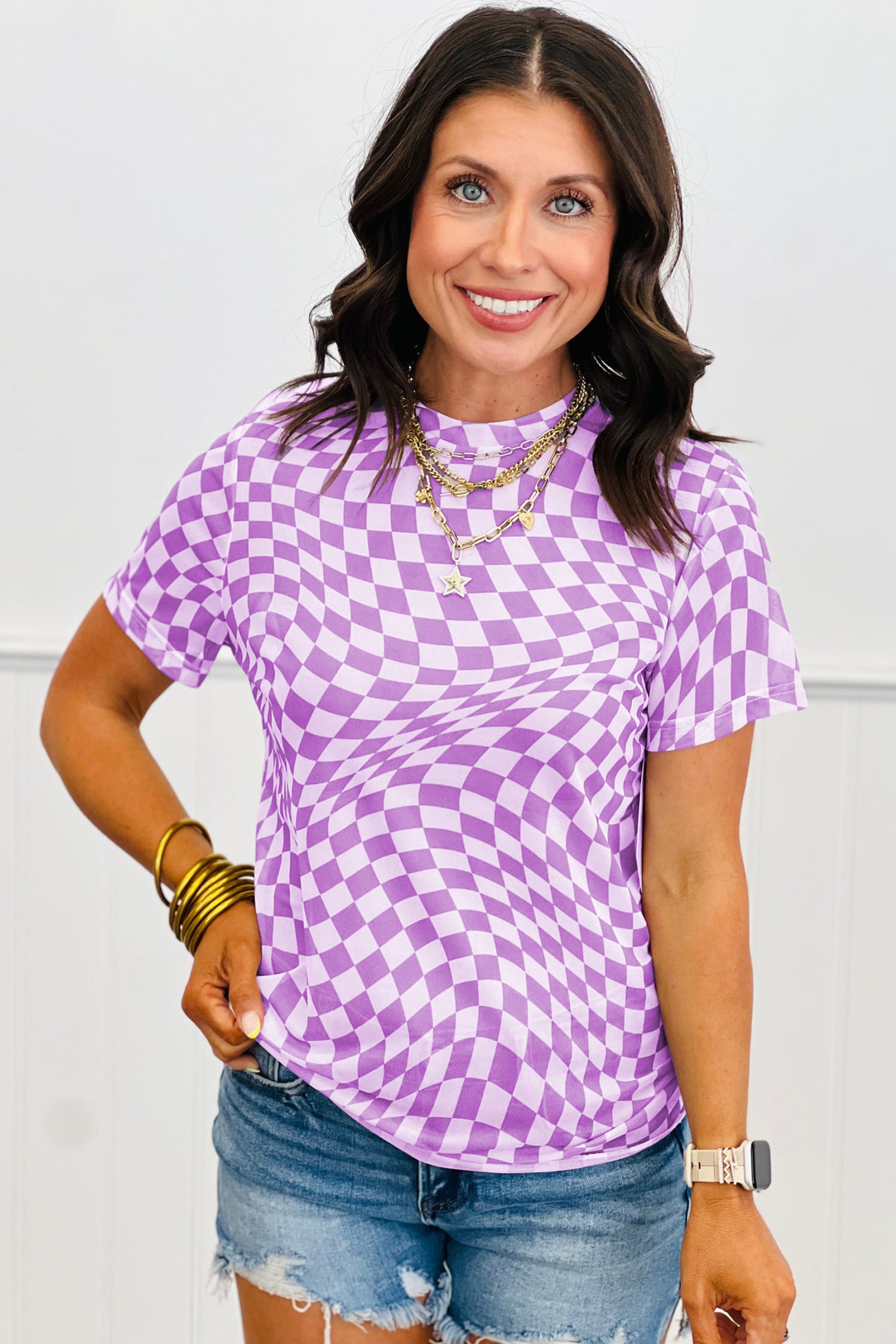 Purple Checkered Print Crew Neck Mesh T Shirt