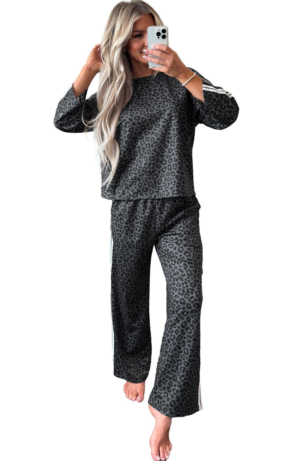 Apricot Leopard Print Varsity Striped Detail 3/4 Sleeve Top Shift Pant Set