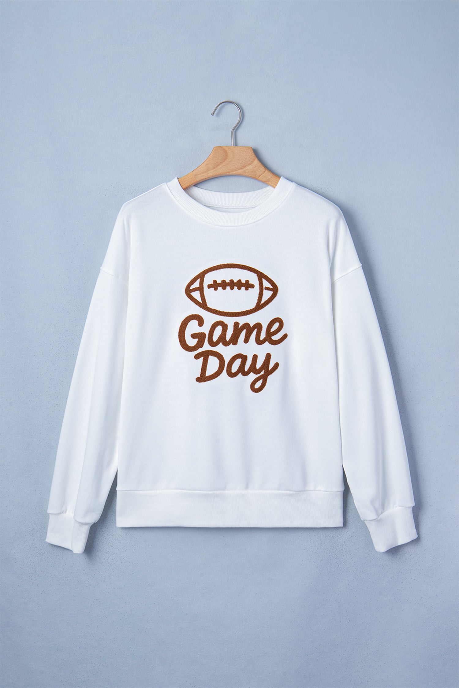 White Embroidered Slogan Game Day Rugby Pattern Crewneck Sweatshirt
