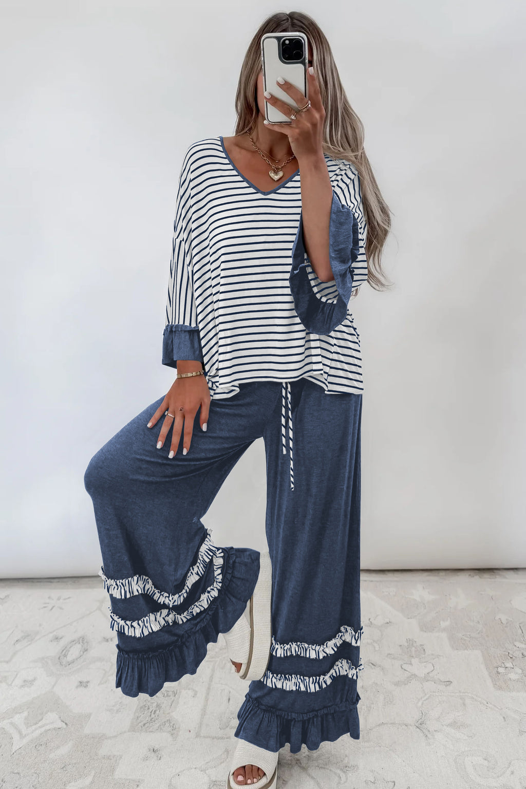 Blue Stripe V Neck Ruffle Contrast Sleeve Top Drawstring Pants 2pcs Set