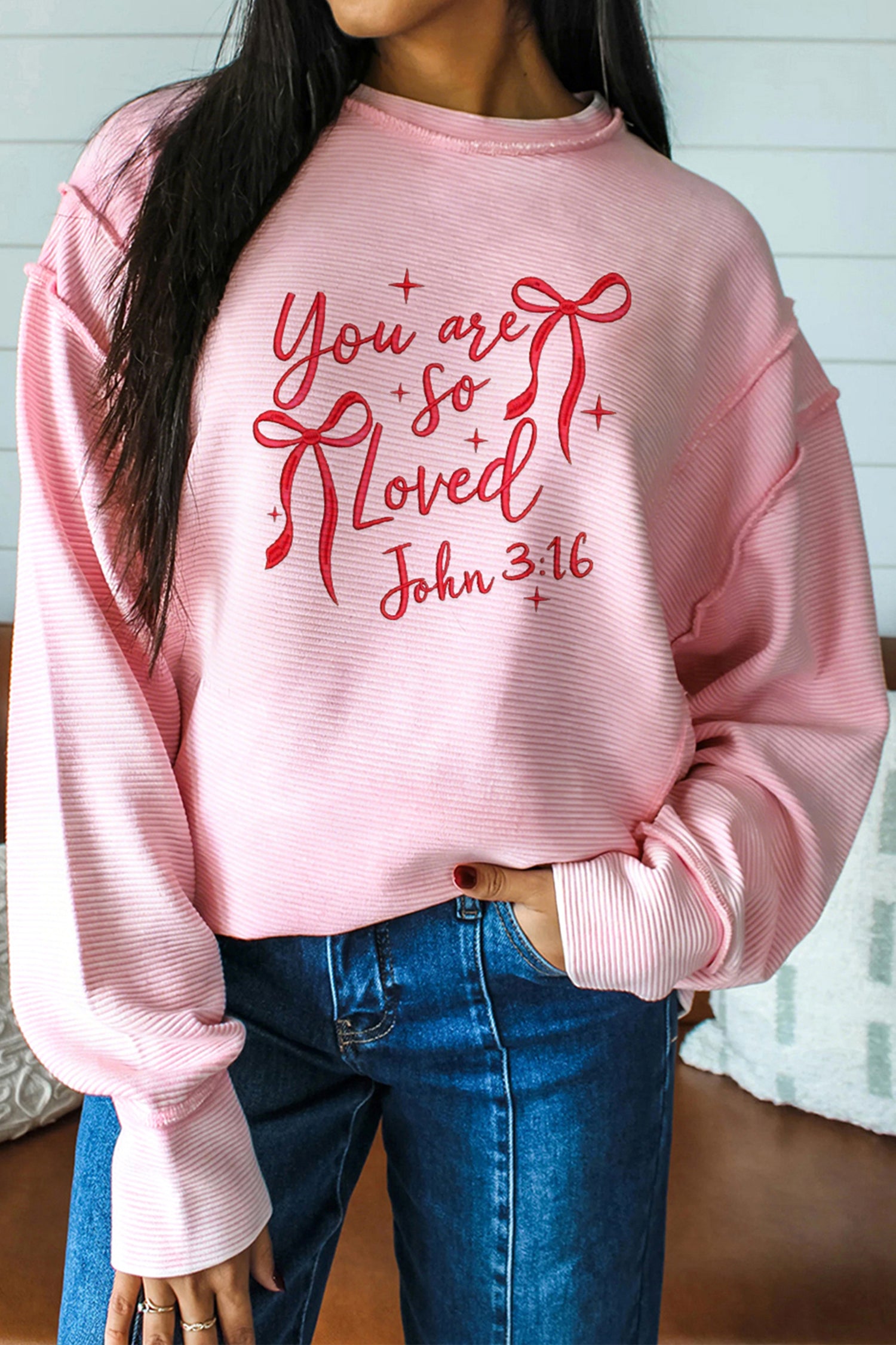 Pink you are so loved Valentines Day Bow Embroidered Graphic Pullover Top