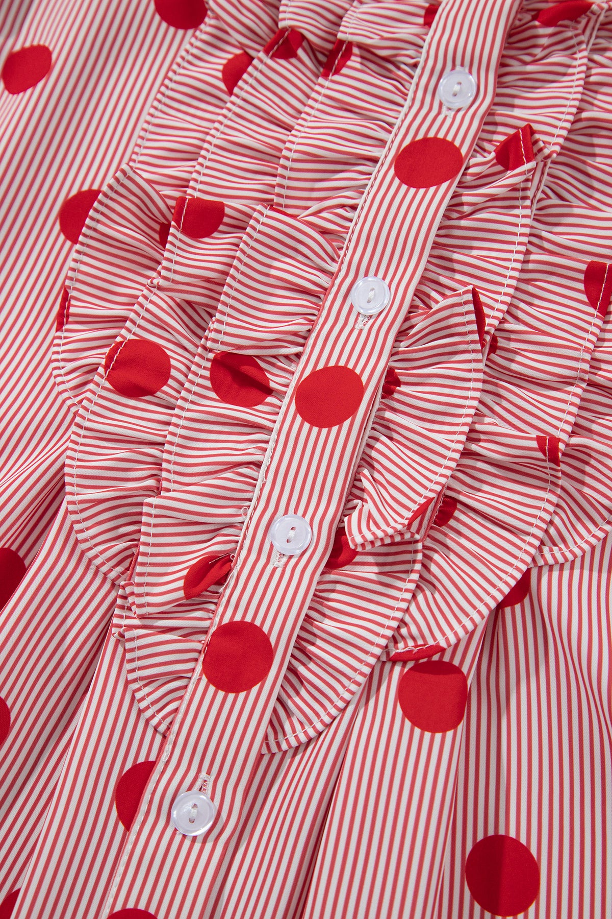 Fiery Red Polka Dot Striped Print Ruffle Stand Neck 3/4 Sleeve Shift Shirt