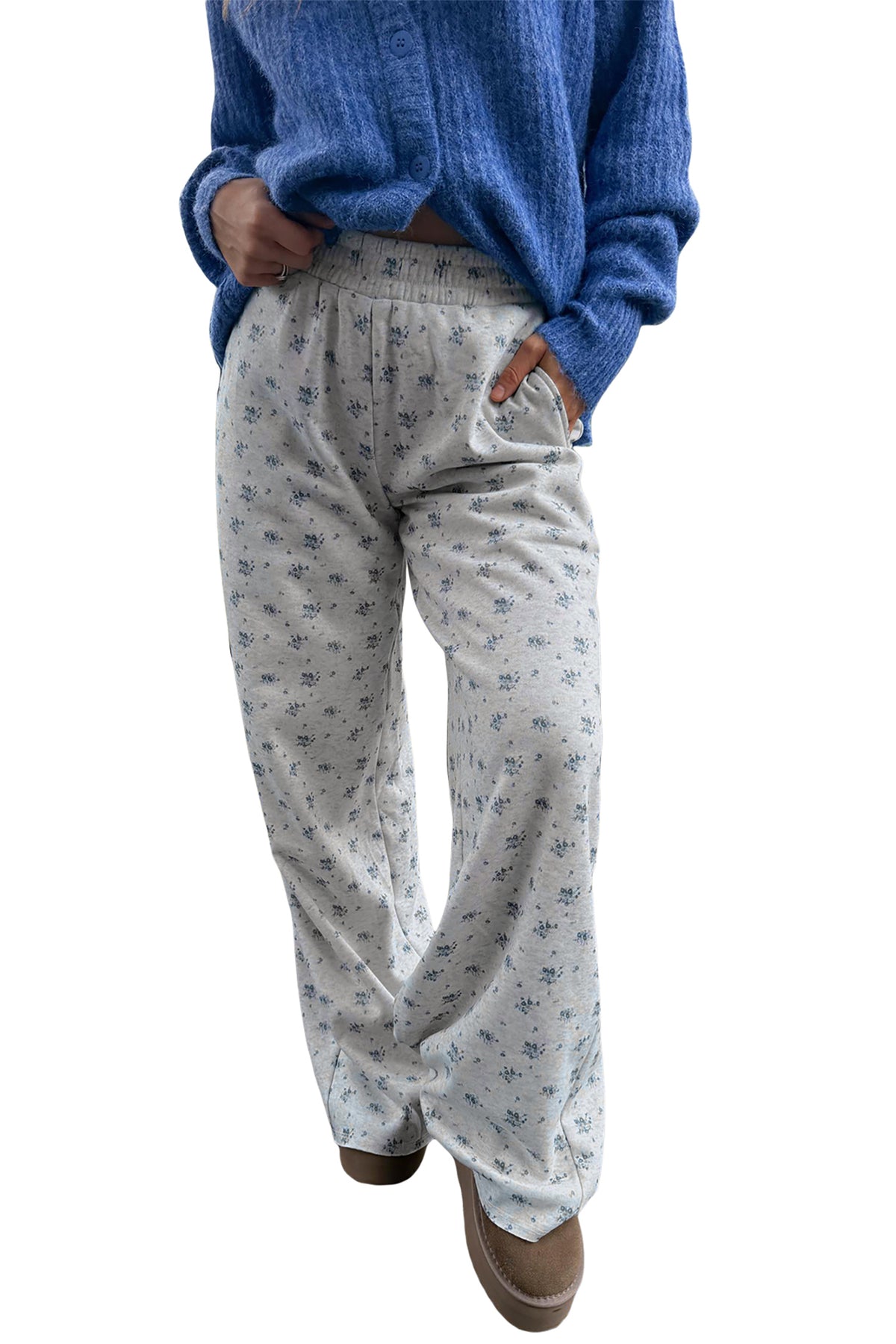 Gray Floral Print Elastic Waist Full Length Regular Pants