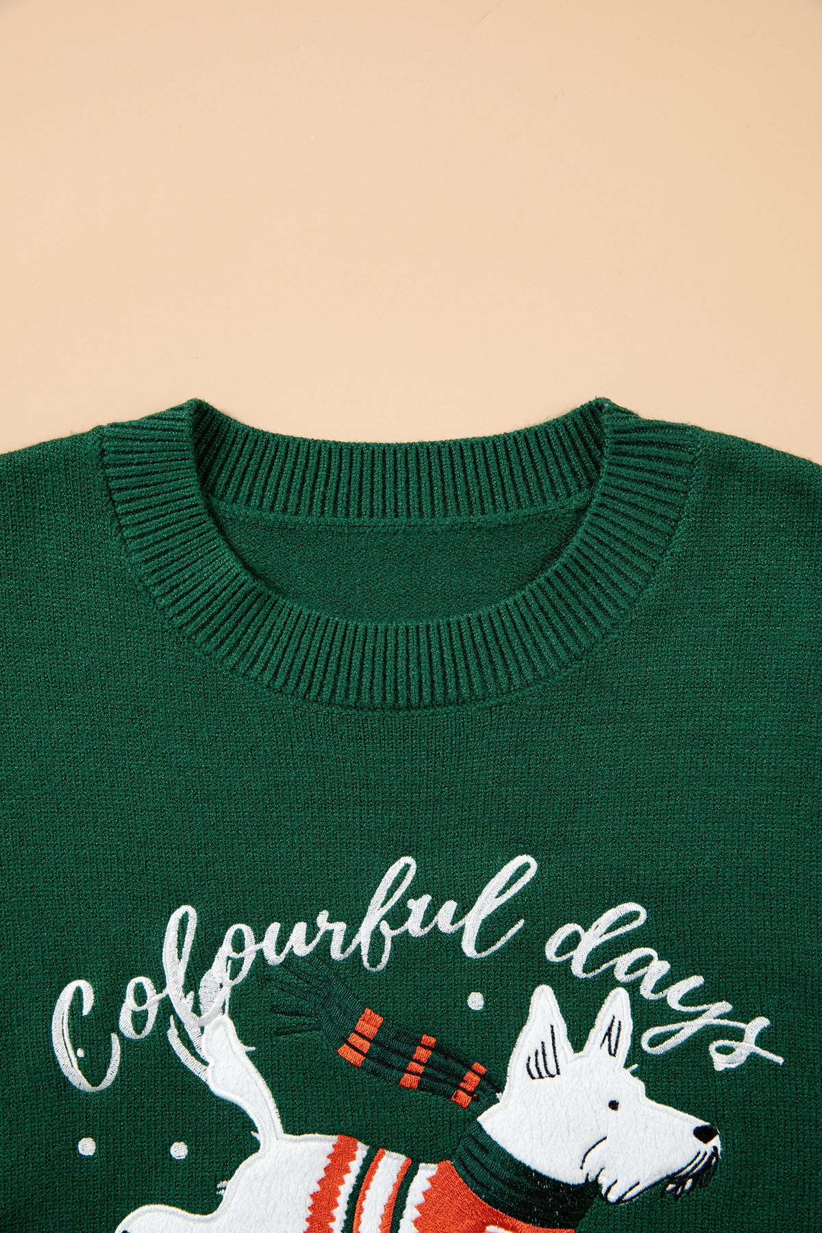 Blackish Green Abstract Dog Embroidery Christmas Fashion Round Neck Sweater