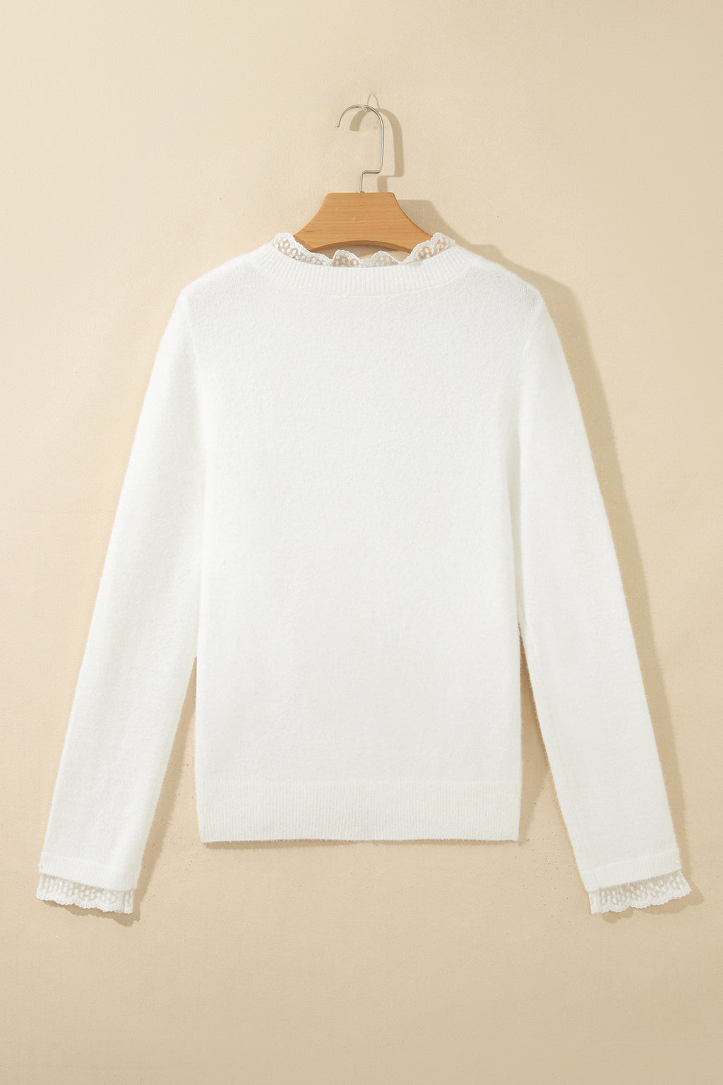 White Lace Trim Neck Cuff Patchwork Long Sleeve Pullover Sweater