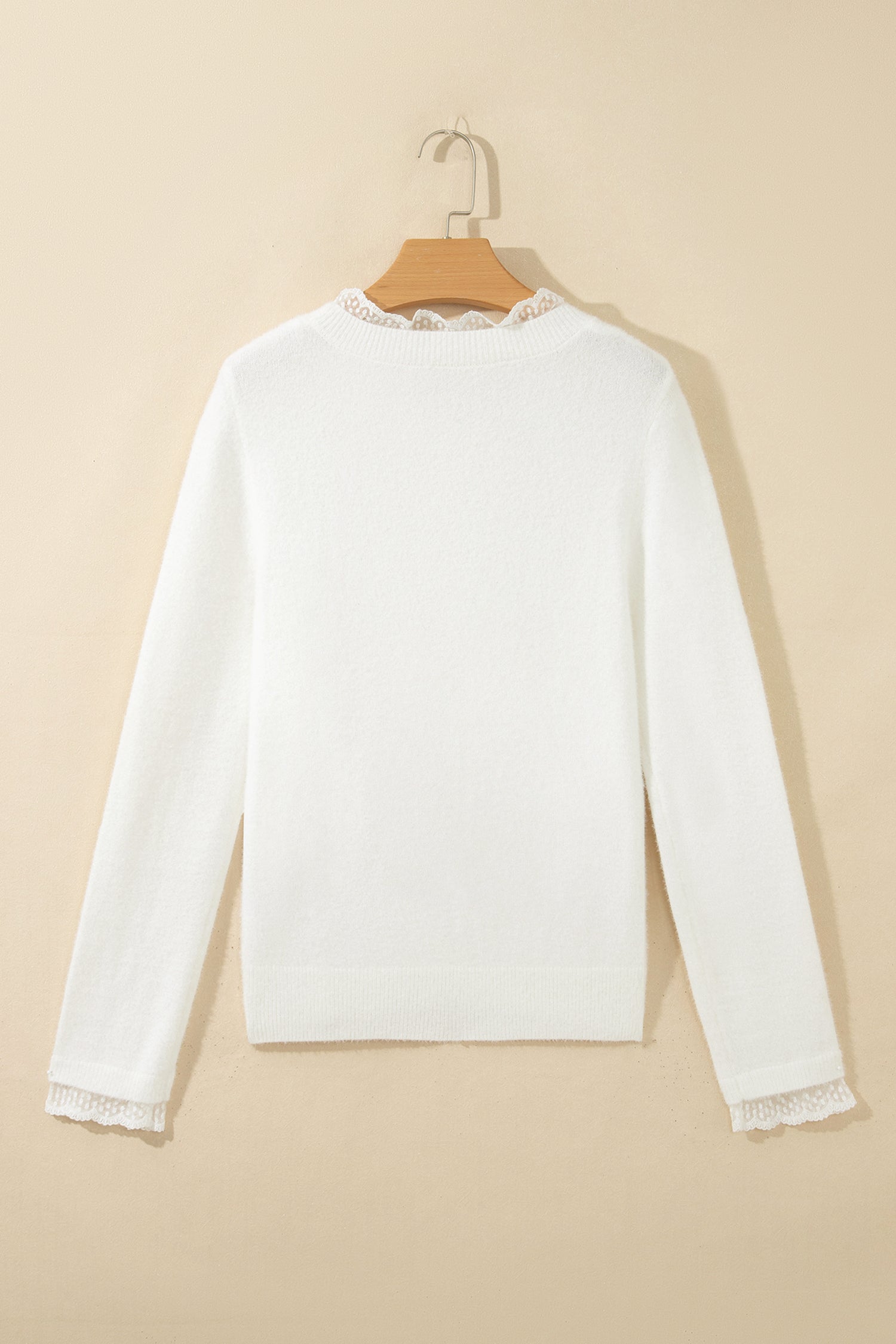 White Lace Trim Neck Cuff Patchwork Long Sleeve Pullover Sweater