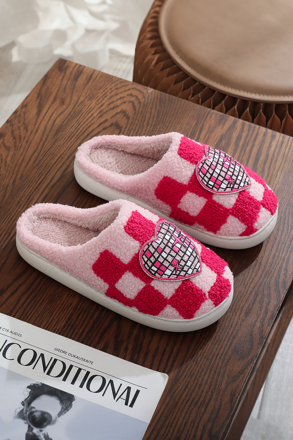 Fiery Red Disco Checkered Heart Plush Winter House Slippers