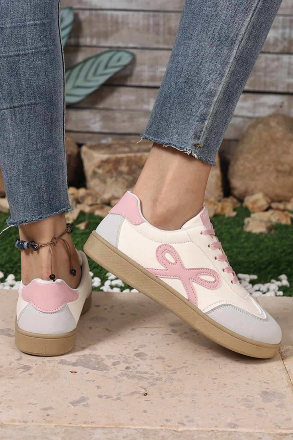 Fiery Red Cute Bow Patch Color Block PU Leather Sneakers
