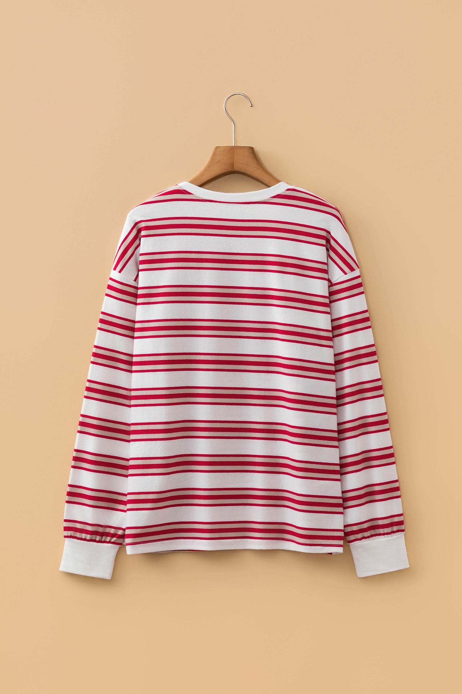 Red Stripe Dropped Shoulder Long Sleeve Casual Pullover Top