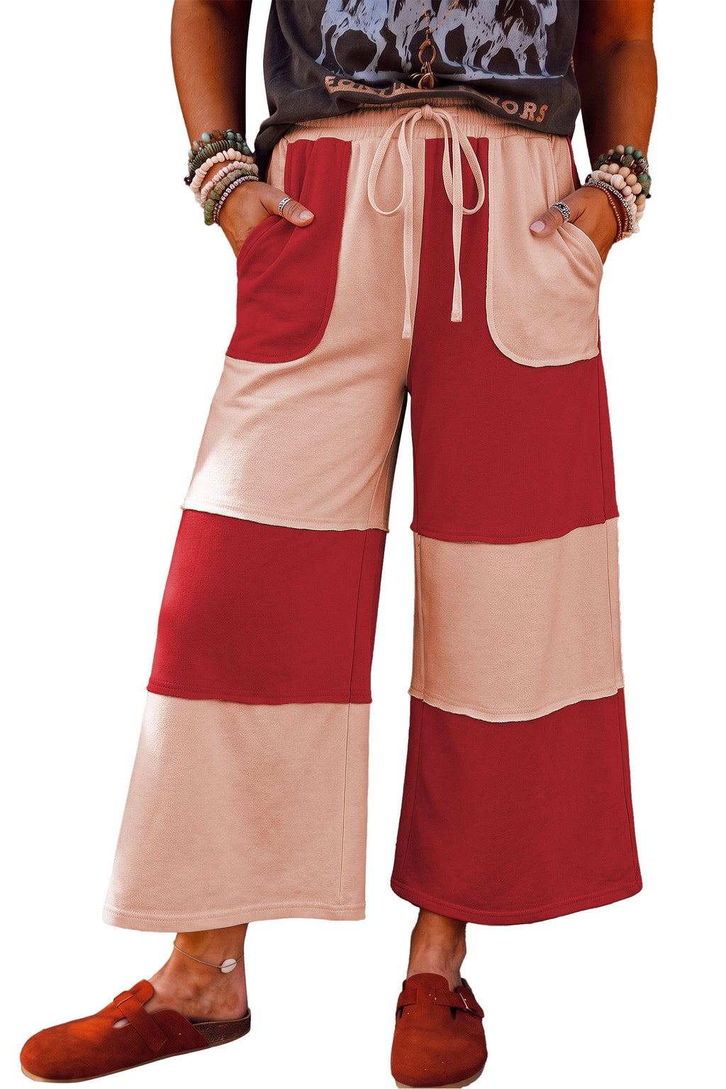 Fiery Red Raw Seam Colorblock Wide Leg Ankle Length Casual Pants