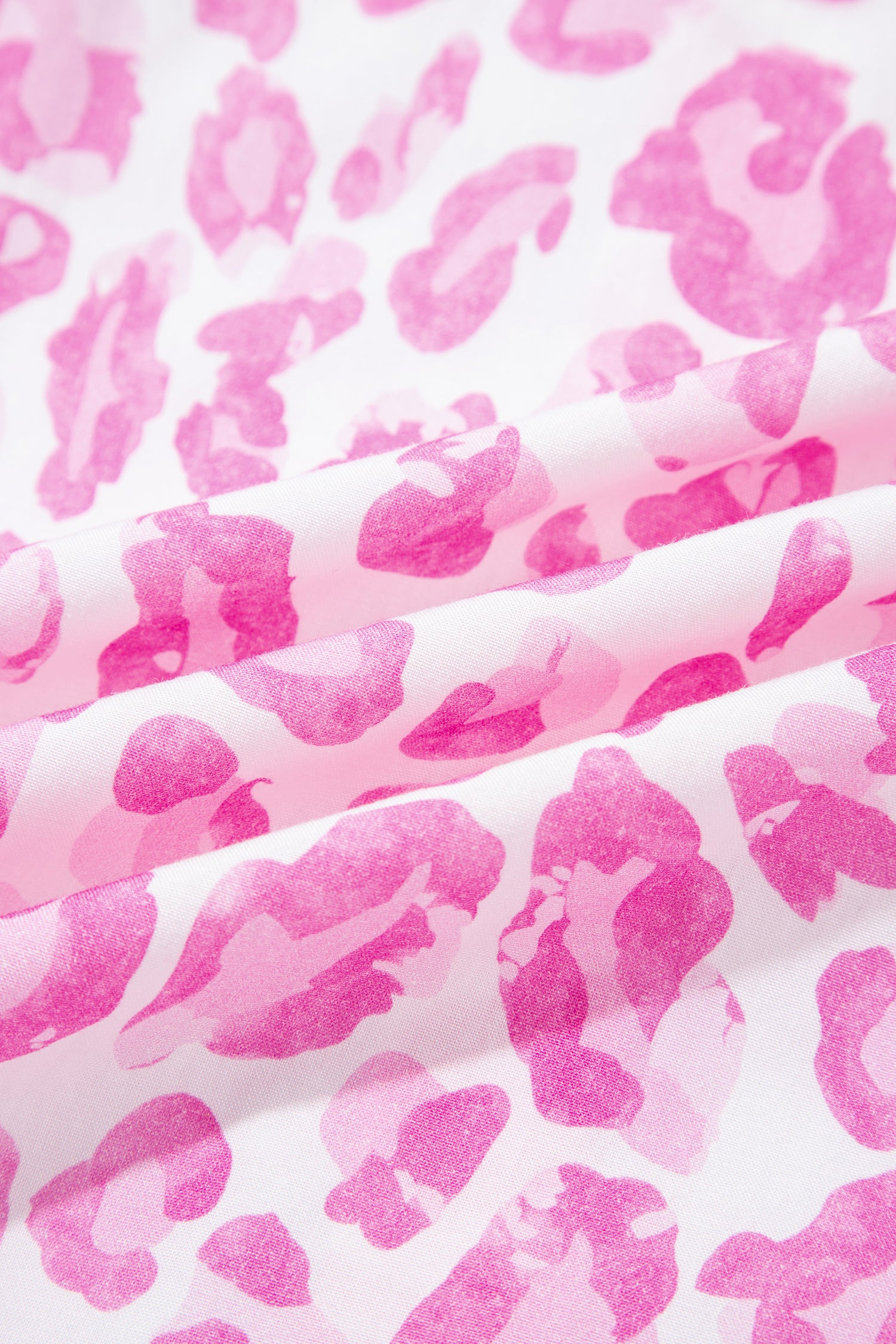 Pink Abstract Leopard Print Tie Waist Puff Sleeve Mini Shirt Dress