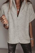 Jet Stream Solid Color Short Sleeve Zipper Knit High Neck Sweater