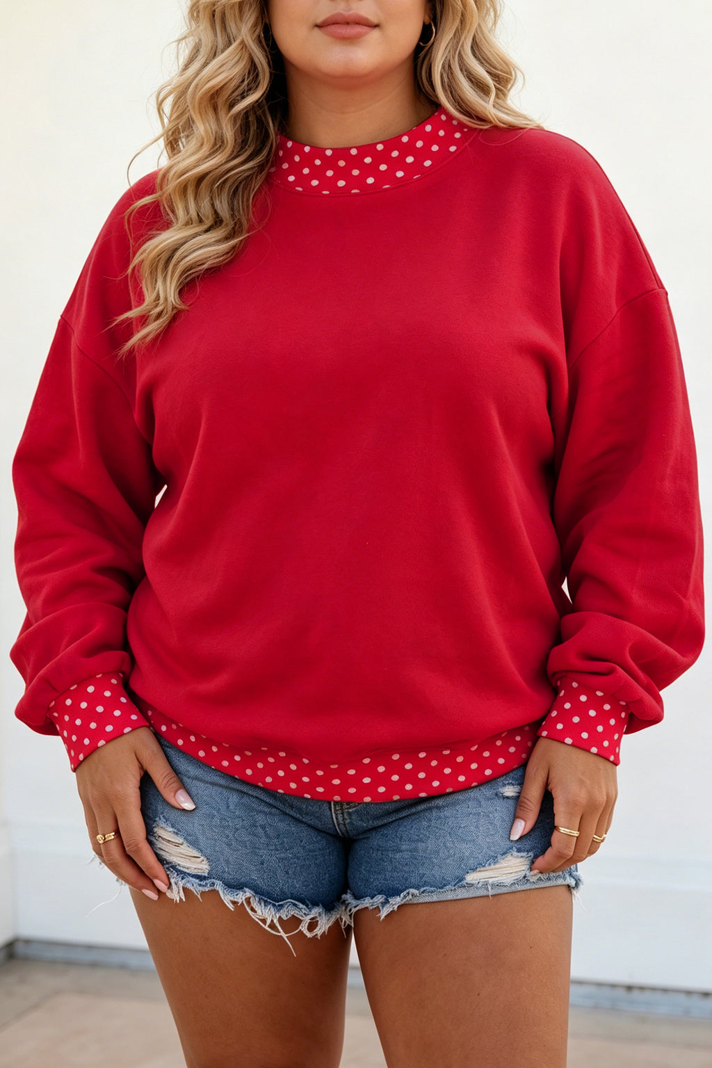 Orange Polka Dot Patchwork Round Neck Plus Size Sweatshirt