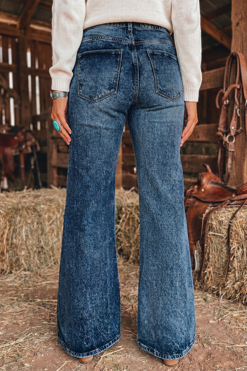 Sail Blue Acid Wash Pocket Detail Flare Jeans