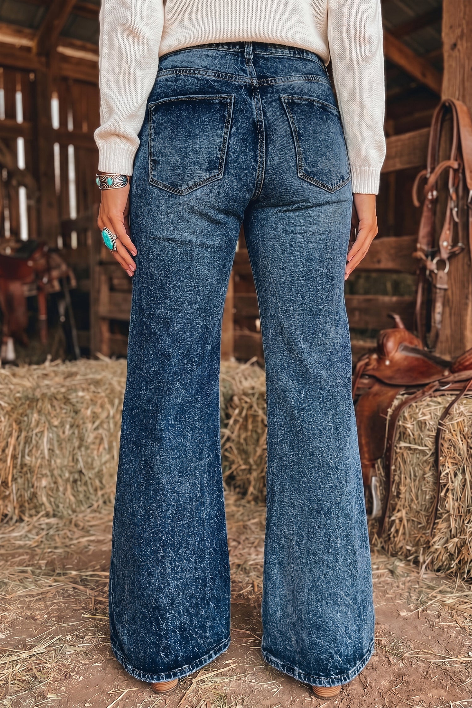 Sail Blue Acid Wash Pocket Detail Flare Jeans