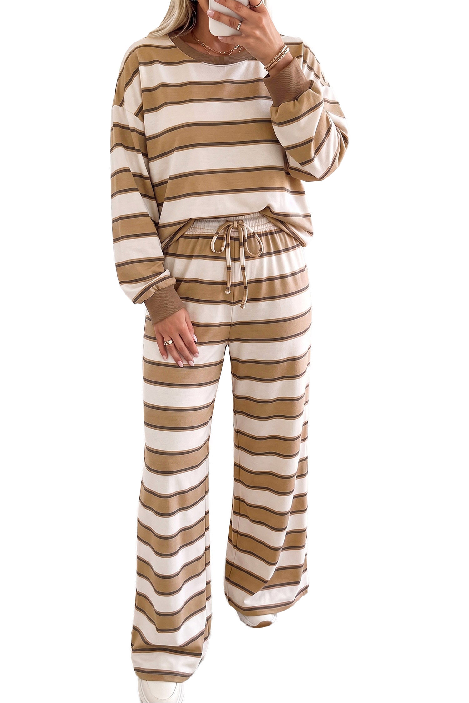 Khaki Stripe Contrast Trim Patchwork Casual Two-Piece Pants Set