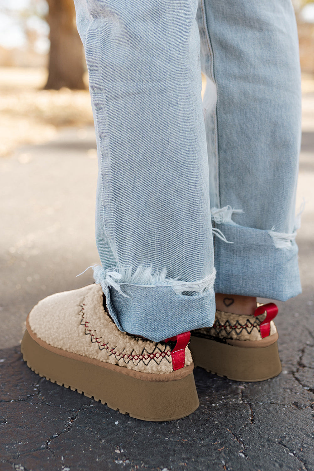 Oatmeal Soft Plush Embroidered Detail Flat Platform Slippers