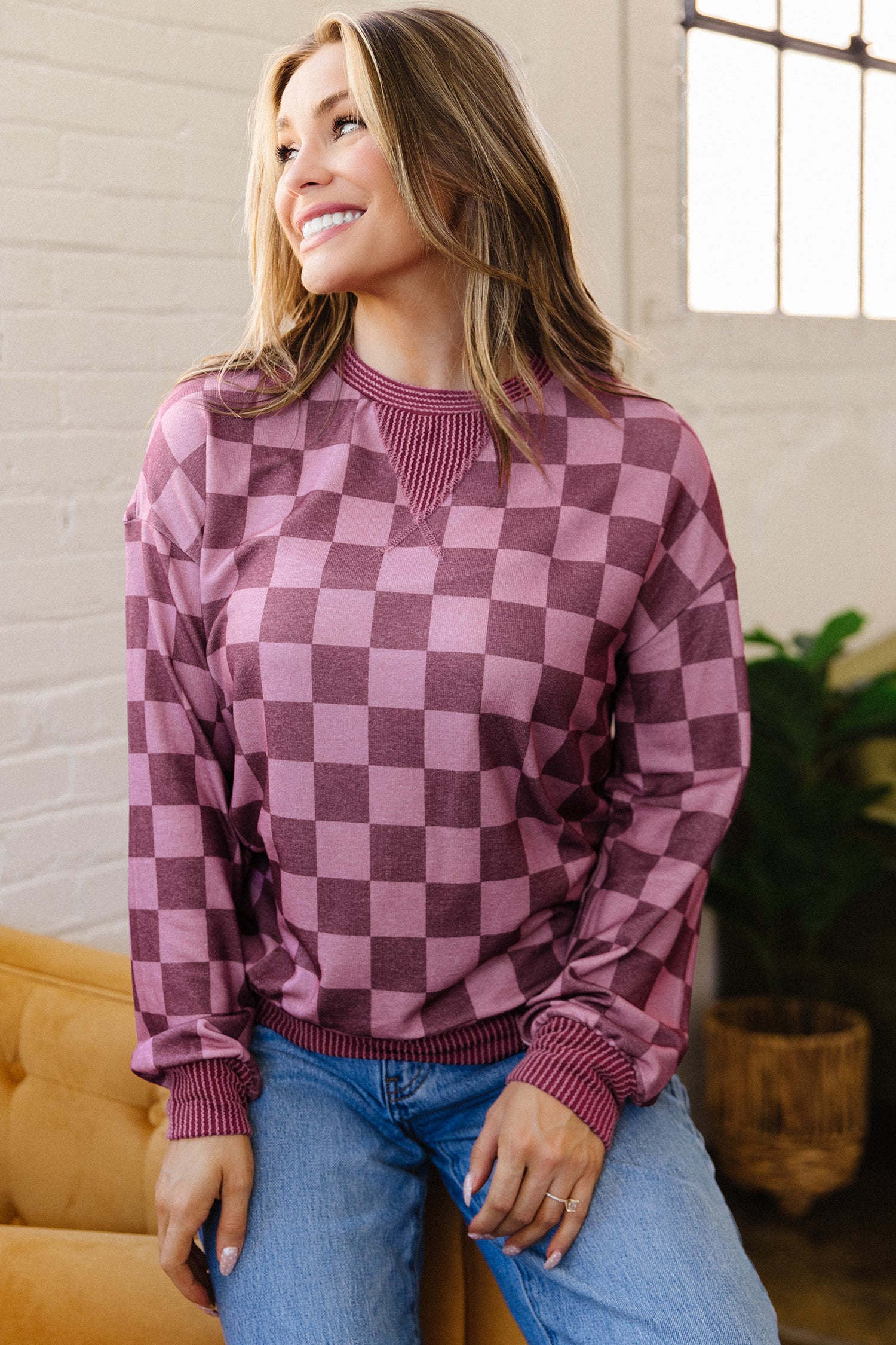 Red Ribbed Trim Checkered Print Long Sleeve Pullover Top